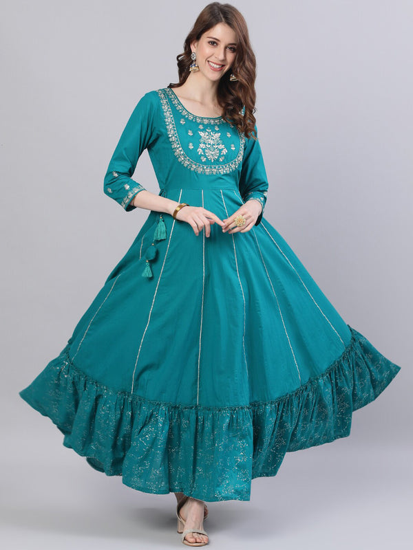 Ishin Women Teal Embellished Anarkali Cotton Kurta - Distacart