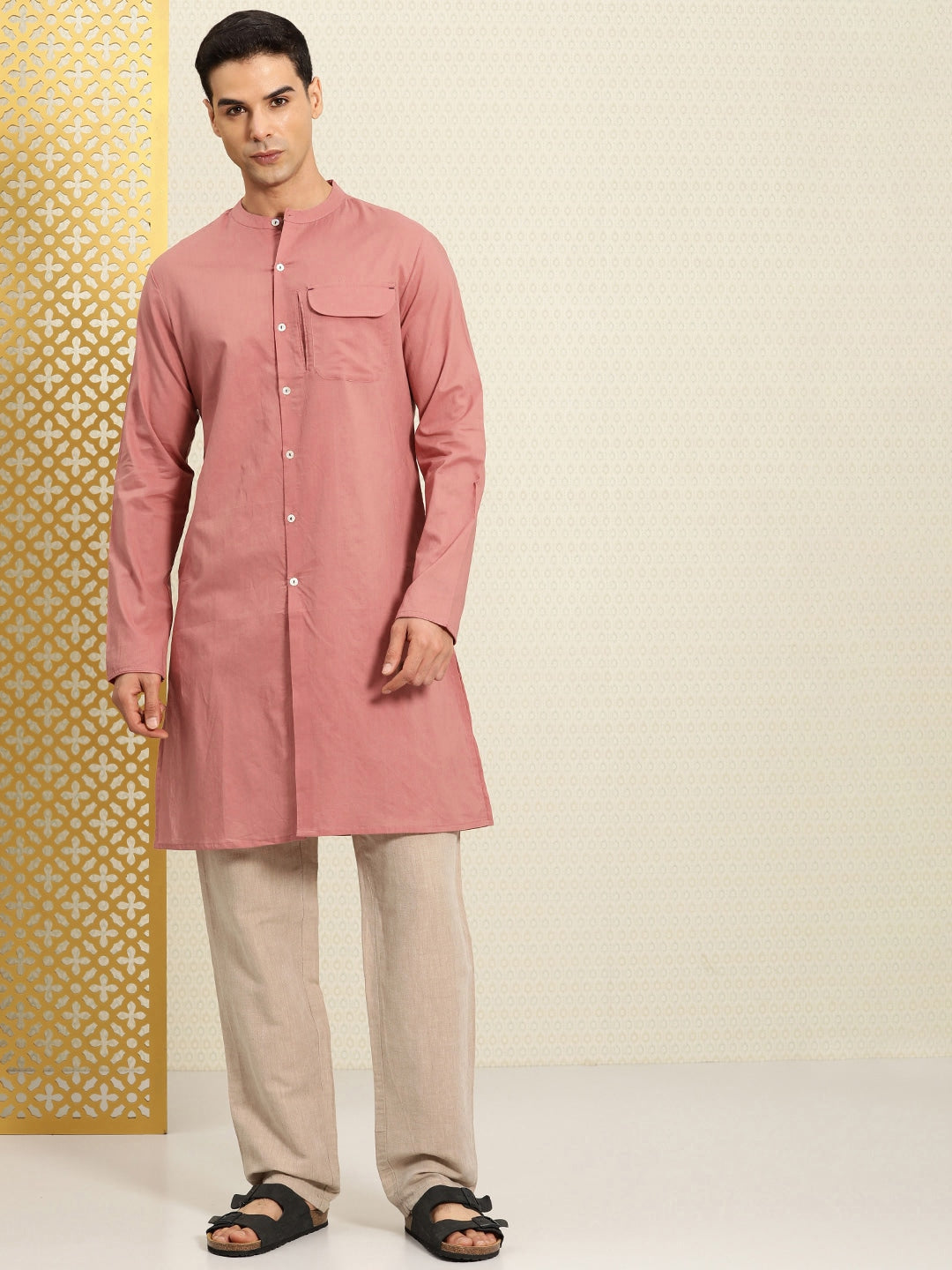 House of Pataudi Rozana Band Collar Pure Cotton Kurta - Distacart