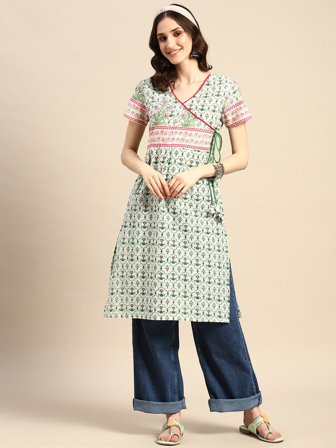 Sangria Pure Cotton Ethnic Motifs Printed Angrakha Kurta - Distacart