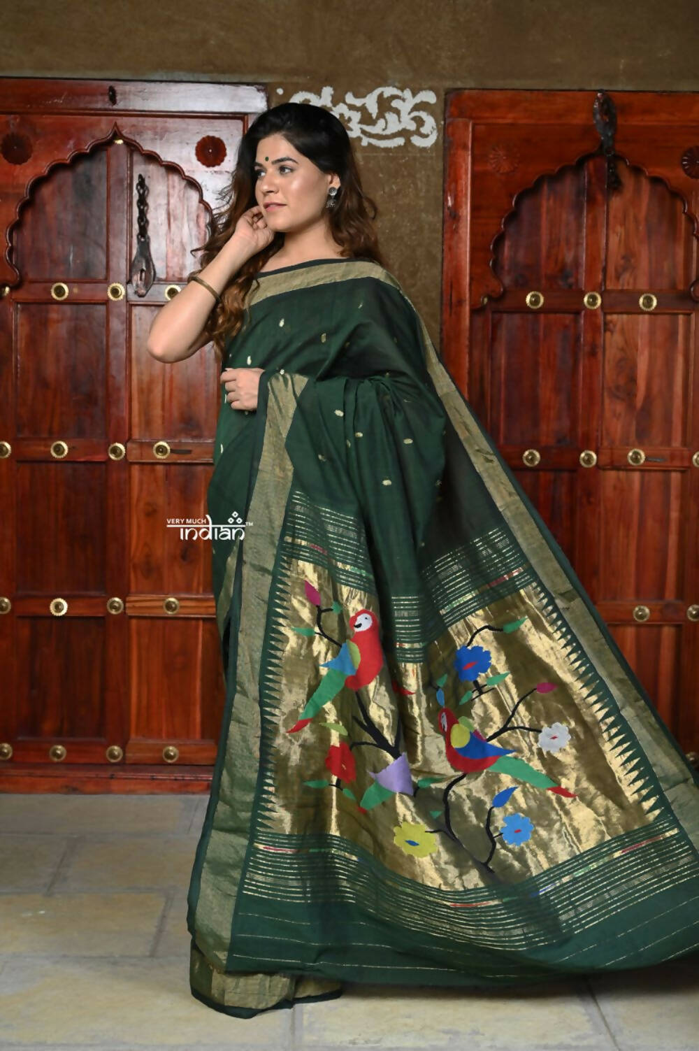 Very Much Indian Handloom Pure Cotton Paithani - Dark Green - Distacart
