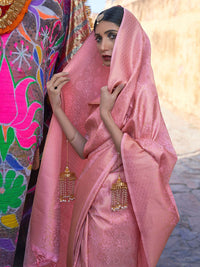 Thumbnail for Mitera Pink & Gold-Toned Ethnic Motifs Zari Silk Blend Banarasi Saree - Distacart