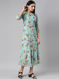 Thumbnail for Souchii Blue Floral Printed Chiffon A-Line Midi Dress - Distacart