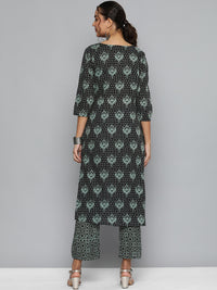 Thumbnail for HERE&NOW Women Black & Green Printed Pure Cotton Kurta with Trousers - Distacart