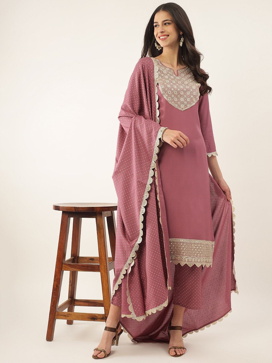 Khushal K Ethnic Motifs Yoke Design Sequinned Kurta with Trousers & Dupatta - Distacart