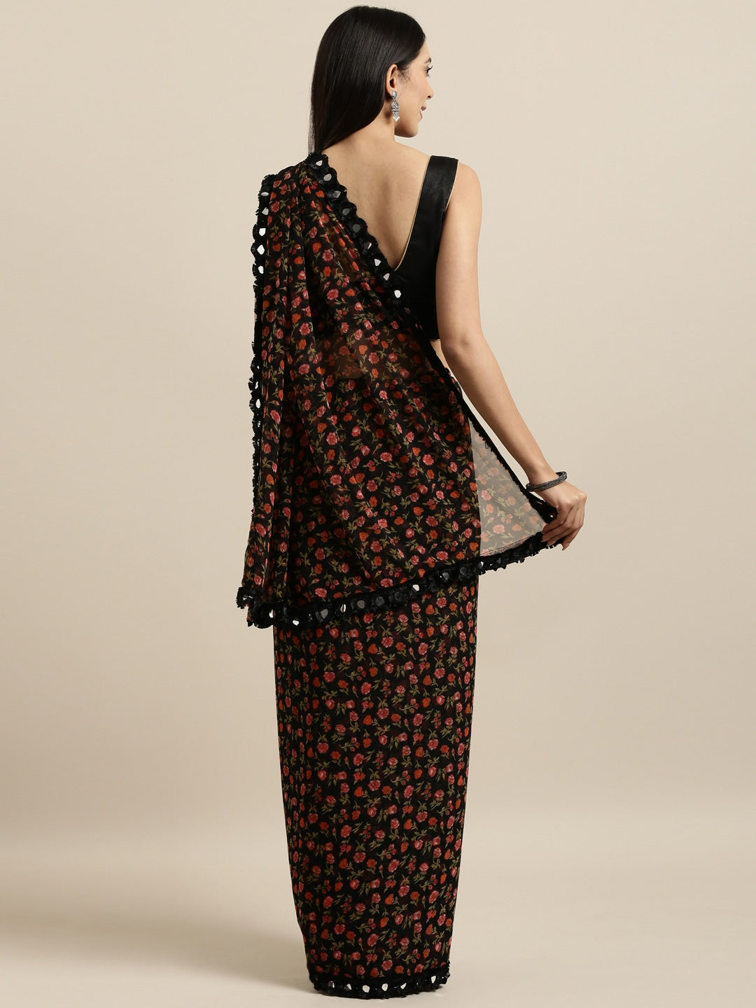 Tikhi Imli Black & Red Poly Georgette Printed Saree - Distacart