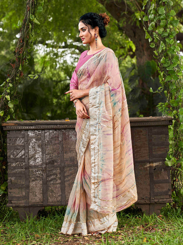 Tikhi Imli Peach Tie and Dye Gotta Patti Organza Saree - Distacart