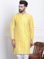 Thumbnail for Sojanya Men Yellow & White Ethnic Motifs Embroidered Straight Kurta - Distacart