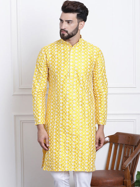 Sojanya Men Yellow & White Ethnic Motifs Embroidered Straight Kurta - Distacart