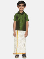 Thumbnail for Sethukrishna Boys Green Shirt & Cream-Coloured & Zari Border Veshti Set - Distacart
