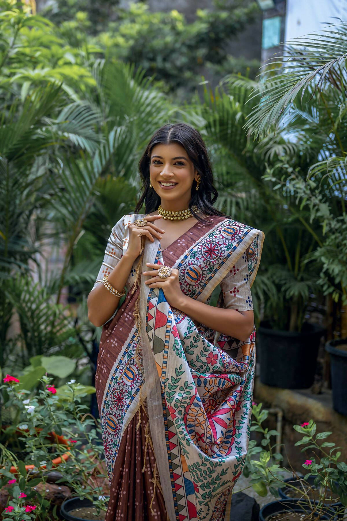 Vishnu Weaves Women's Coffee Soft Tussar Silk Printed Saree with Blouse - Distacart