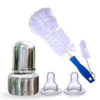Thumbnail for Goodmunchkins Stainless Steel Feeding Bottle with Anti Colic Silicone Nipple/Bottle Cleaning Nylon Brush (75ml, Blue) - Distacart