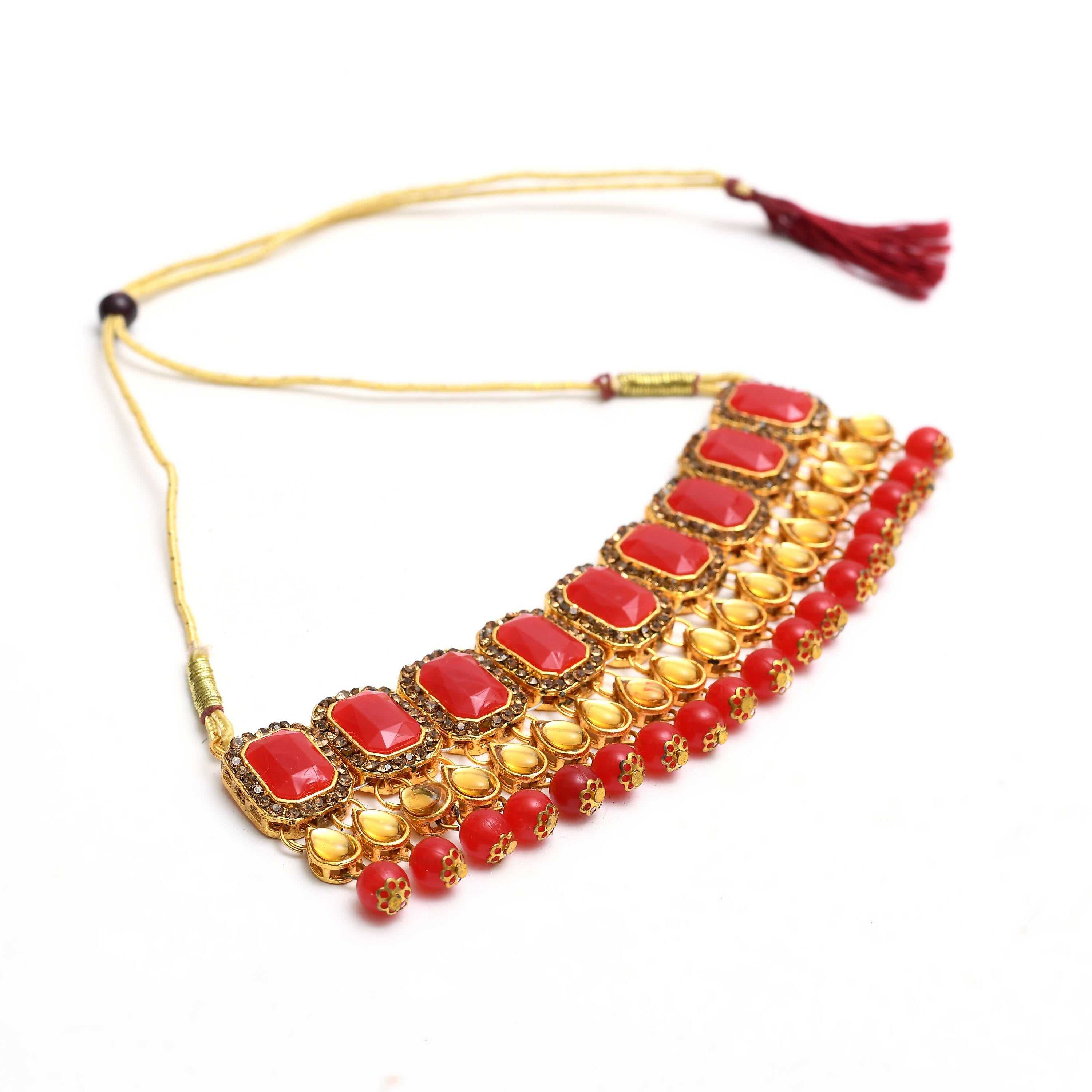Mominos Fashion Johar Kamal Gold-Plated Brass Finish Kundan/Pearls Choker For Women (Red) - Distacart