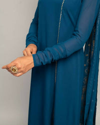 Thumbnail for FIORRA Women's Teal Blue Creap A-Line Kurta Pant With Dupatta - Distacart
