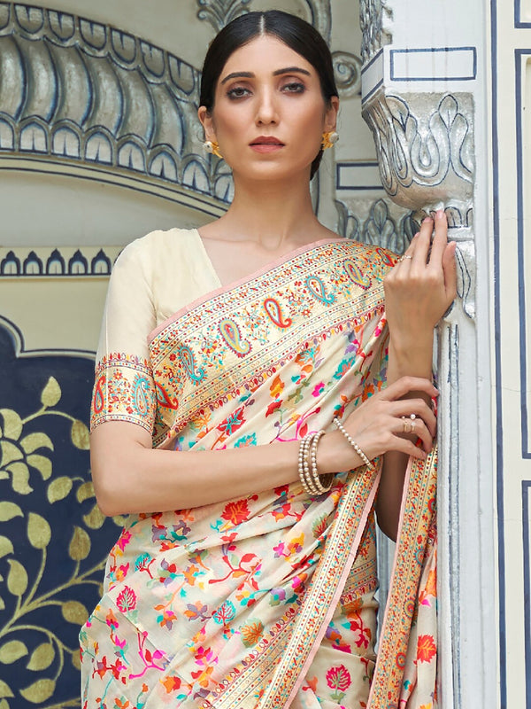 Mitera Cream-Coloured & Red Floral Silk Blend Saree - Distacart