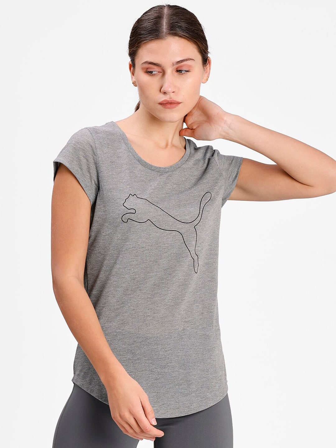 Puma Women Grey Melange & Black Performance Heather Cat Training Tee - Distacart