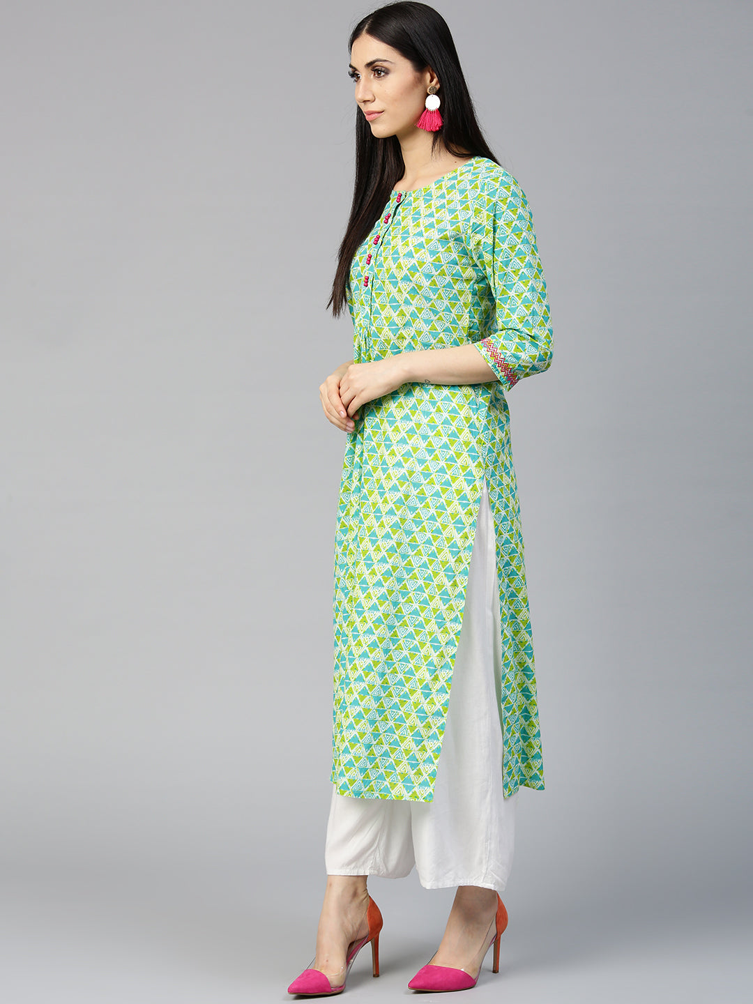 Jaipur Kurti Women Blue & Green Printed Straight Kurta - Distacart