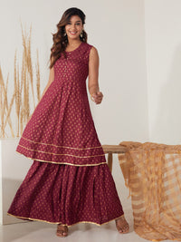 Thumbnail for HERE&NOW Women Maroon Ethnic Motifs Printed Kurta with Palazzos & With Dupatta - Distacart