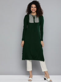 Thumbnail for HERE&NOW Women Green Yoke Design Knitted Kurta - Distacart