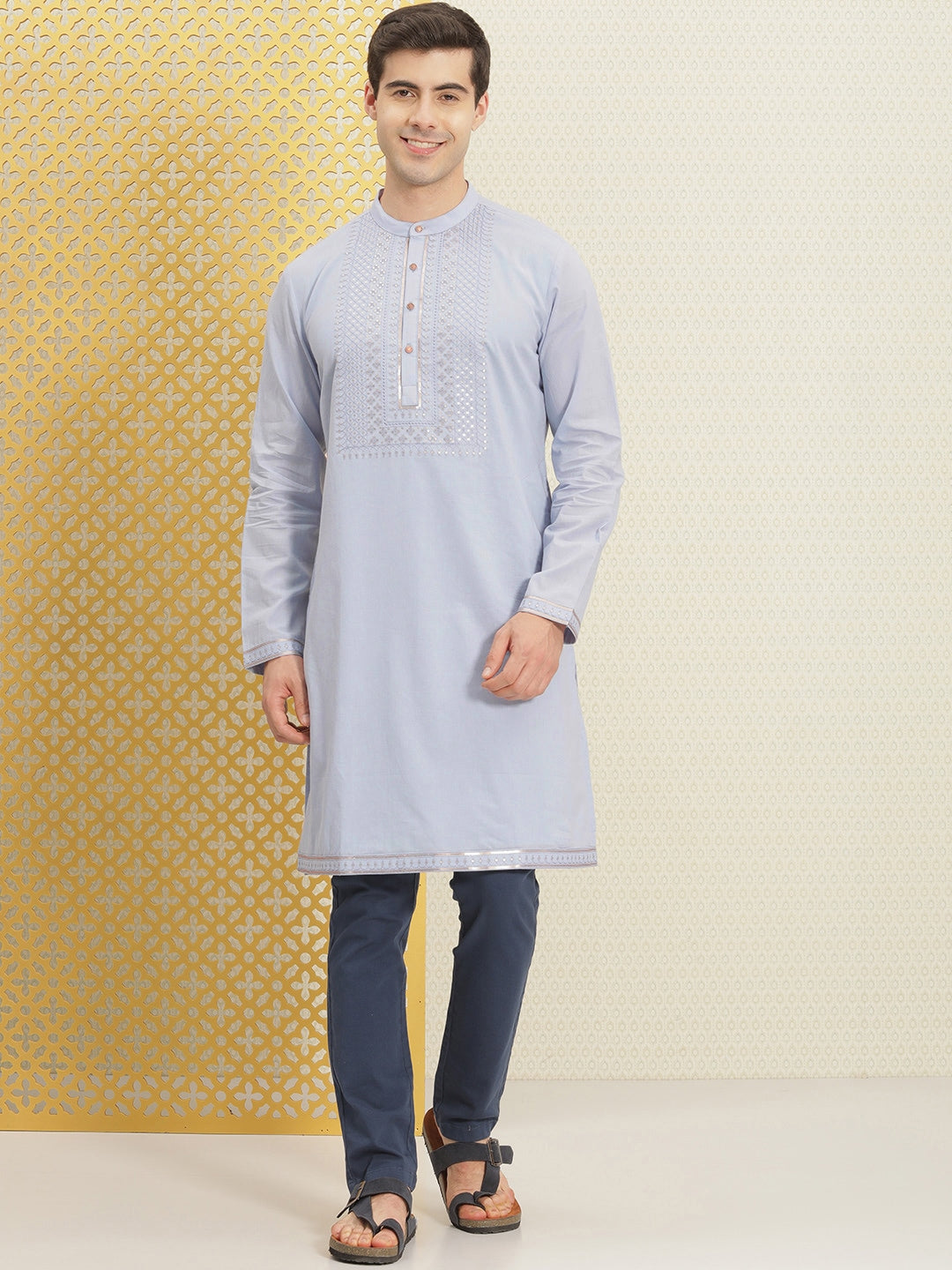 House of Pataudi Jashn Pure Cotton Yoke Design Sequinned Kurta - Distacart