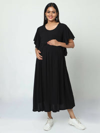 Thumbnail for Manet Maternity Frill Slevee Solid Dress With Concealed Zipper Nursing Access - Black - Distacart