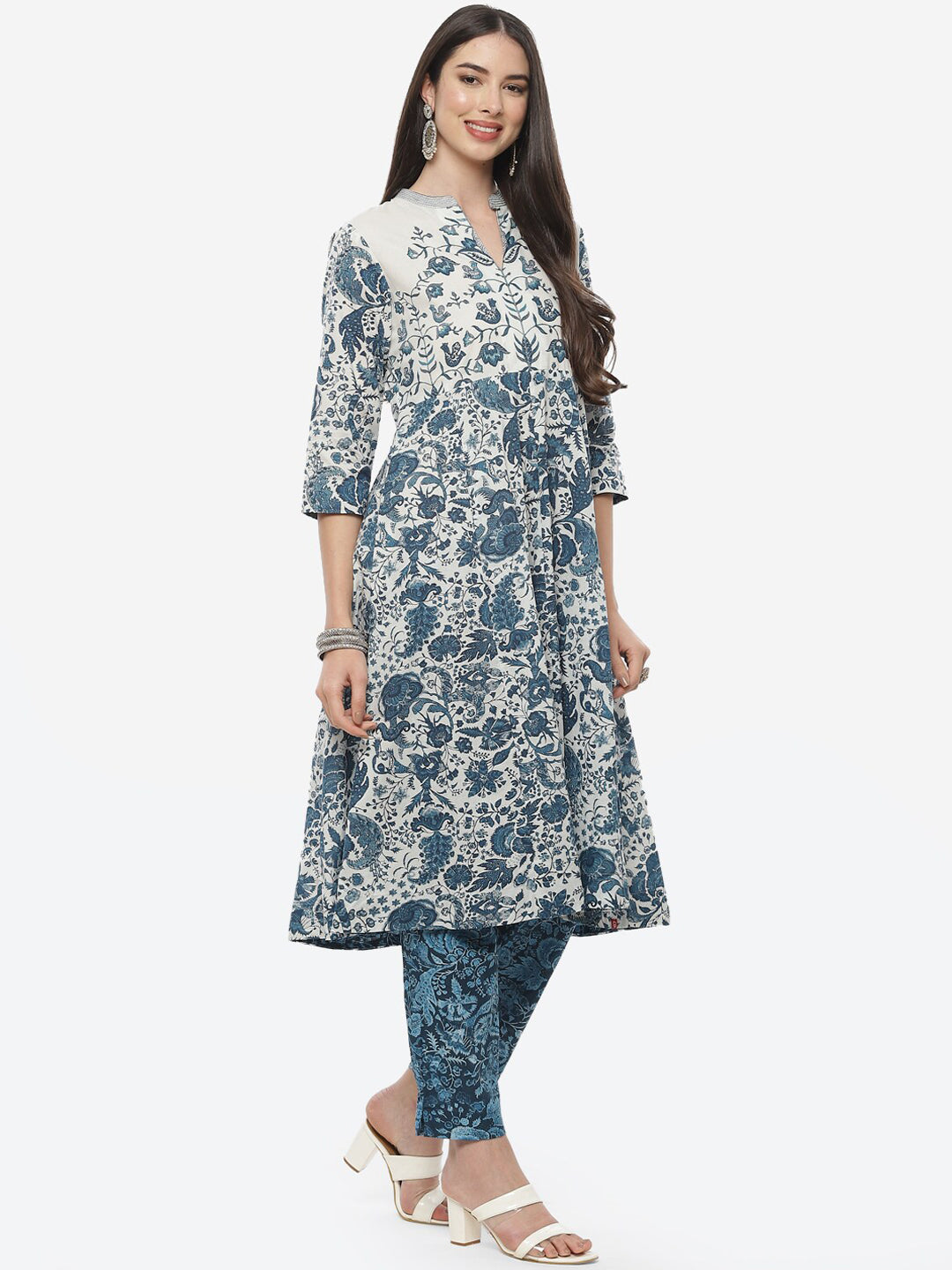 Biba Women White & Blue Floral Printed Pure Cotton Kurta With Trousers & Dupatta - Distacart