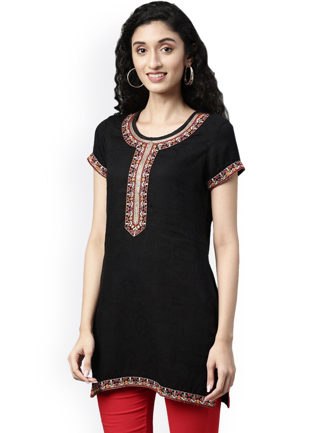 Souchii Black Embroidered Mirror Work Kurti - Distacart