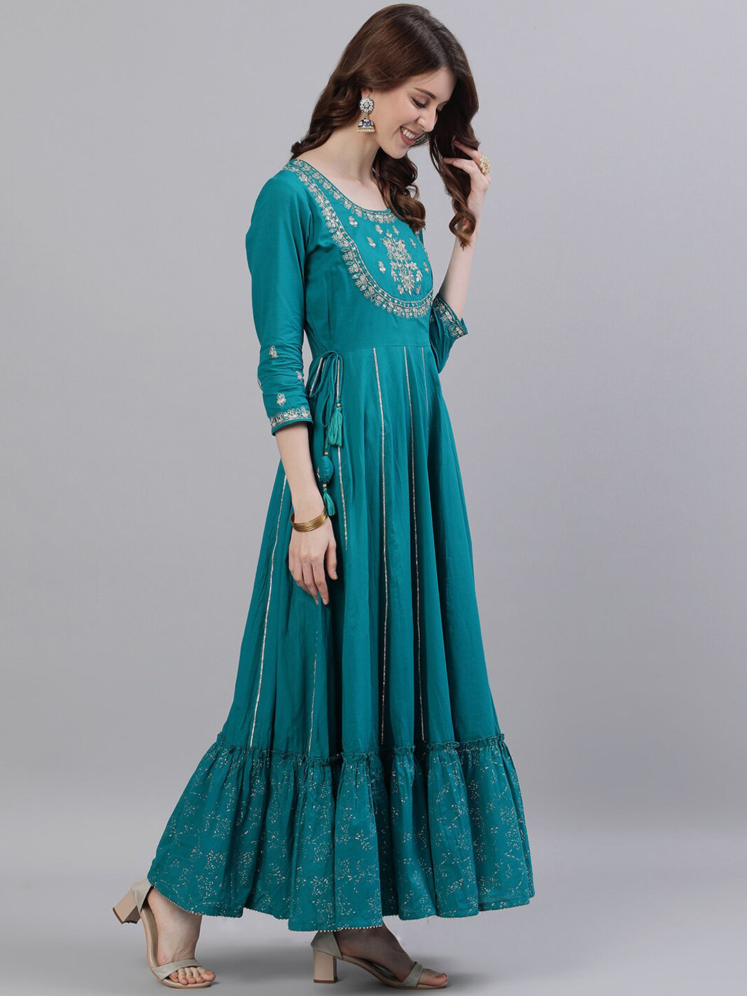 Ishin Women Teal Embellished Anarkali Cotton Kurta - Distacart