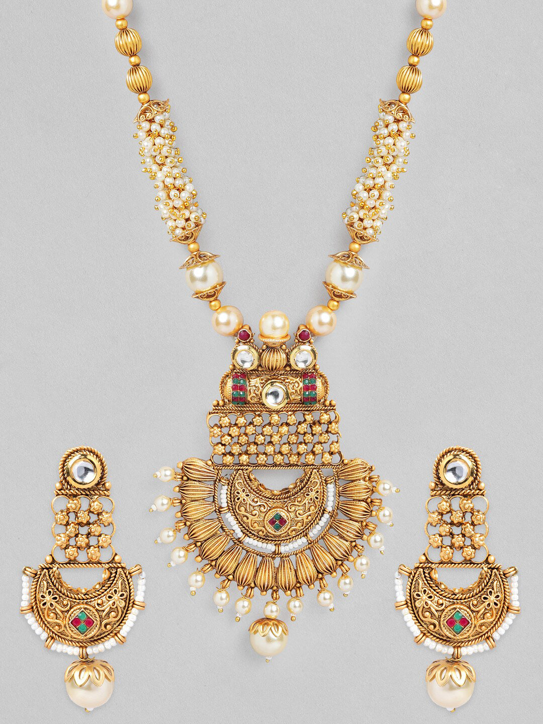 Rubans Gold-Plated White & Green Stone-Studded & Pearl Beaded Handcrafted Jewellery Set - Distacart