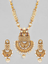 Thumbnail for Rubans Gold-Plated White & Green Stone-Studded & Pearl Beaded Handcrafted Jewellery Set - Distacart