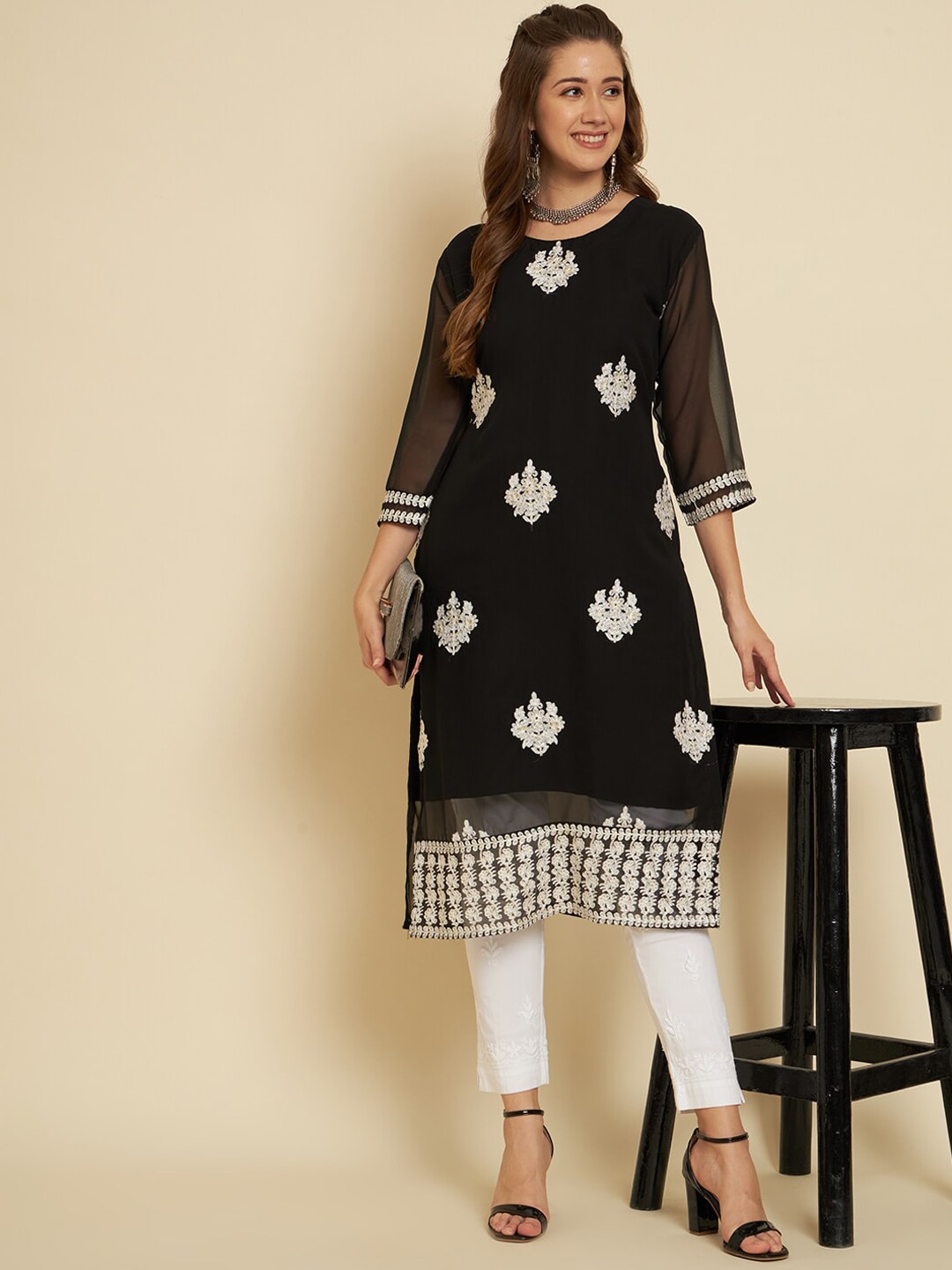 HERE&NOW Black & White Ethnic Motifs Chikankari Embroidered Georgette Kurta - Distacart