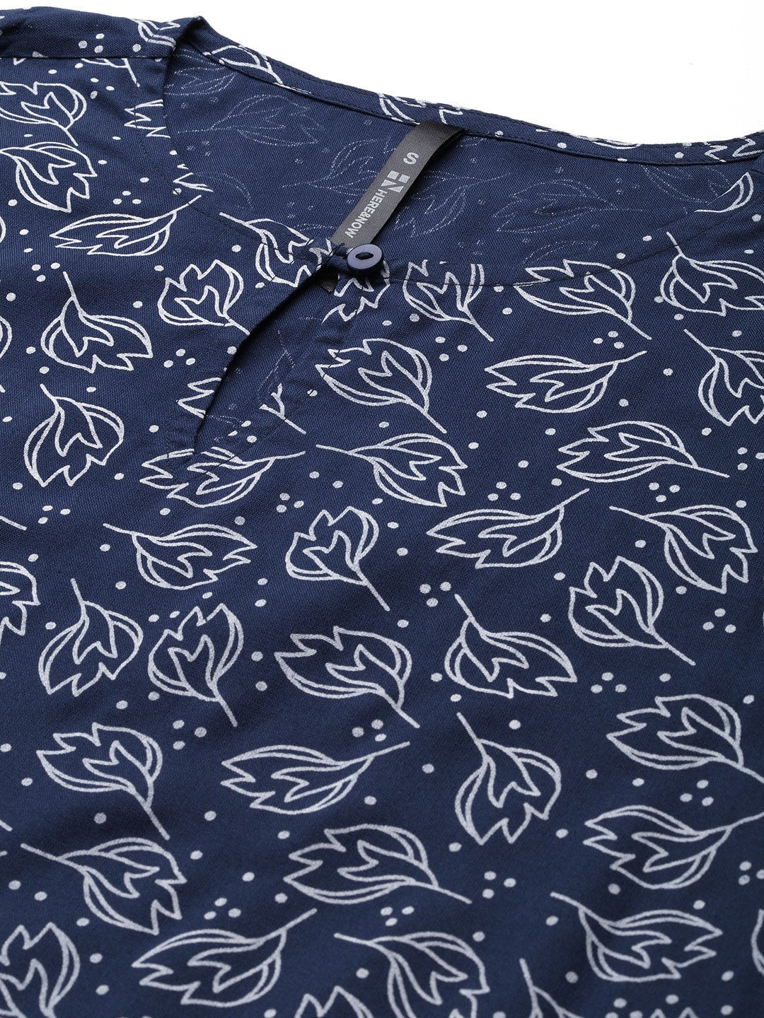 HERE&NOW Women Navy Blue & White Ethnic Motifs Printed Keyhole Neck Kurta - Distacart
