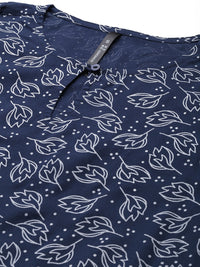 Thumbnail for HERE&NOW Women Navy Blue & White Ethnic Motifs Printed Keyhole Neck Kurta - Distacart