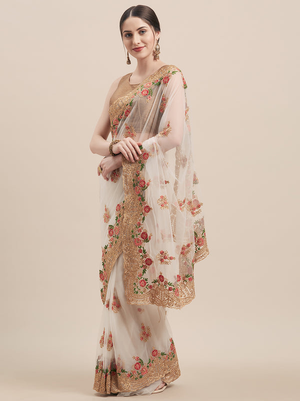 Tikhi Imli Off-White & Gold-Coloured Net Embroidered Saree - Distacart