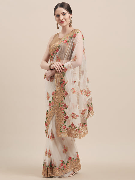 Tikhi Imli Off-White & Gold-Coloured Net Embroidered Saree - Distacart