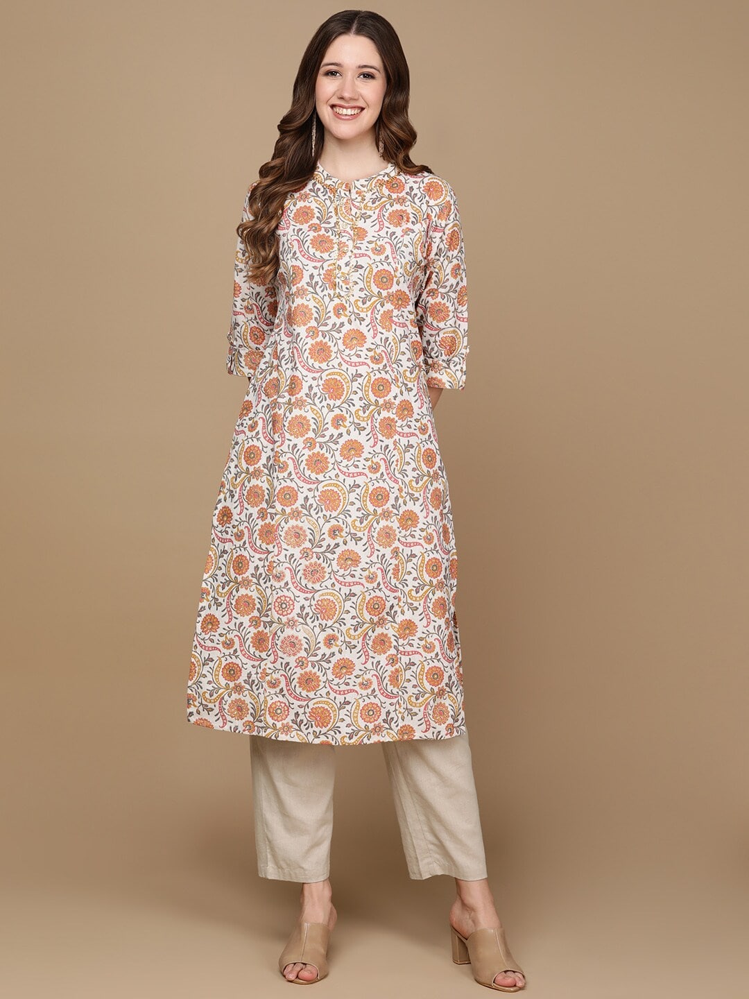 HERE&NOW White & Yellow Floral Printed Sequined Cotton Kurta - Distacart