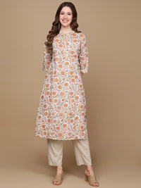 Thumbnail for HERE&NOW White & Yellow Floral Printed Sequined Cotton Kurta - Distacart