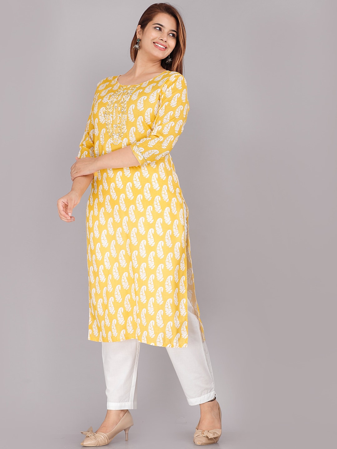 Kalini Women Yellow Ethnic Motifs Printed Floral Kurta - Distacart