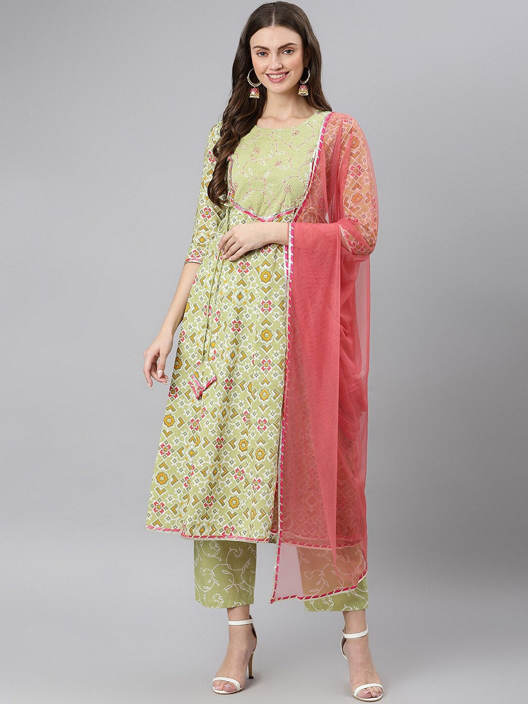 Khushal K Women Green & Pink Printed Pure Cotton Kurta with Palazzos & Dupatta - Distacart