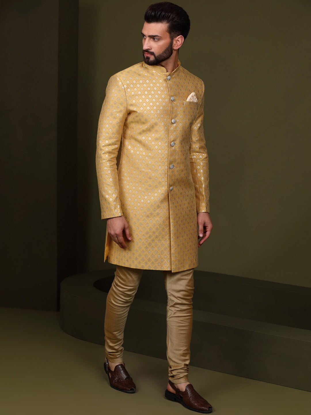KISAH Woven Design Mandarin Collar Sherwani Set - Distacart