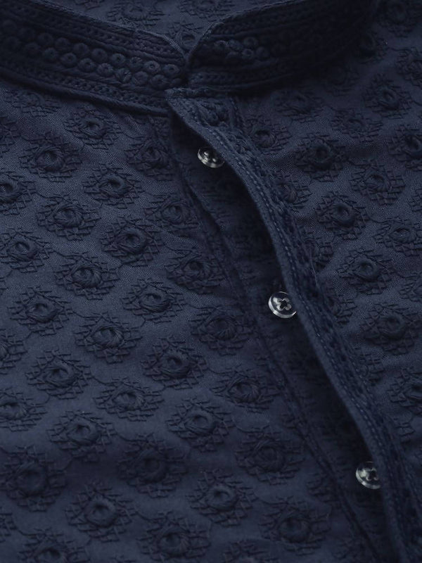 Manyavar Men Navy Blue Embroidered Regular Thread Work Kurta with Pyjamas - Distacart
