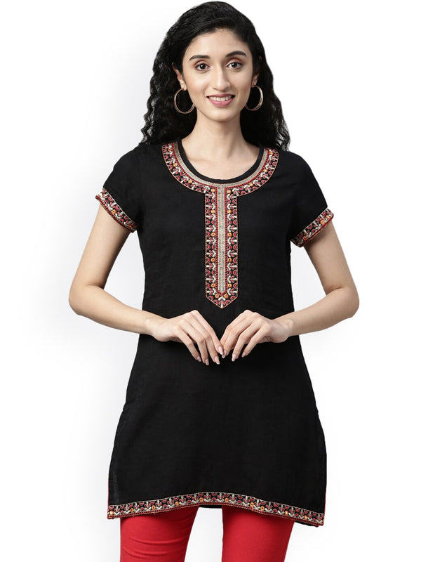 Souchii Black Embroidered Mirror Work Kurti - Distacart