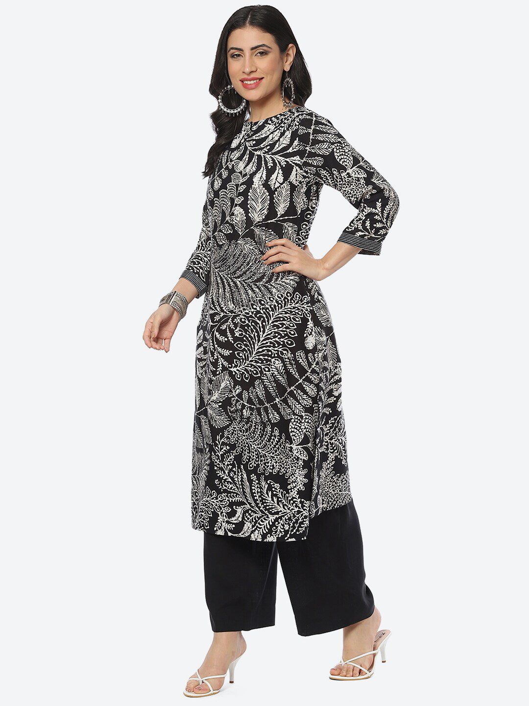 Biba Ethnic Motif Printed Boat Neck Straight Kurta with Palazzos - Distacart