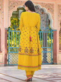 Thumbnail for Sangria Yellow Floral Printed & Mirror Work Cotton Anarkali Kurta With Trouser & Dupatta - Distacart