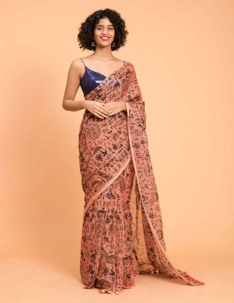 Suta Peach Blue Warli Printed Pure Cotton Saree - Distacart