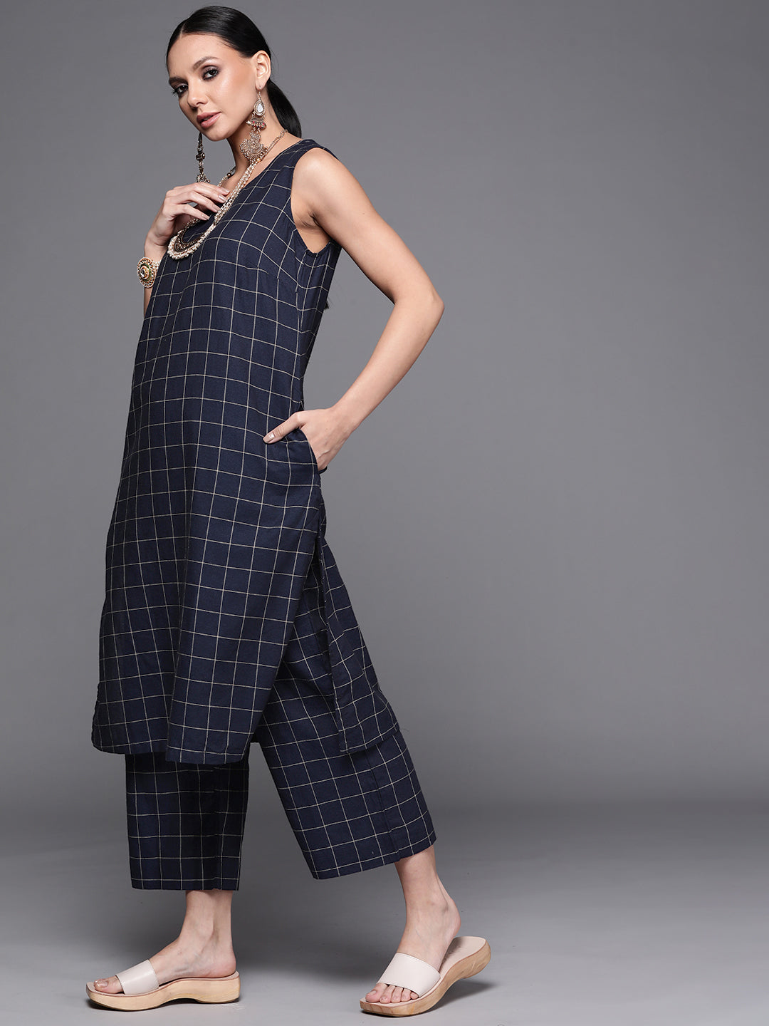Biba Women Navy Blue & Beige Layered Pure Cotton Kurta with Trousers - Distacart