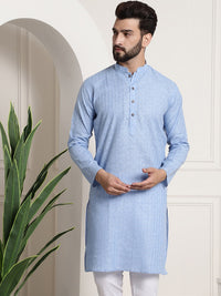 Thumbnail for Sojanya Men Blue Dobby Self-Checked Straight Kurta - Distacart