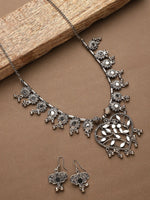 Thumbnail for Cardinal Women Silver-Toned Oxidised Stone Studded & Beaded Heart Shaped Jewellery Set - Distacart