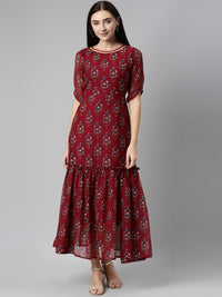 Thumbnail for Souchii Maroon & Blue Ethnic Motifs Chiffon Maxi Dress - Distacart