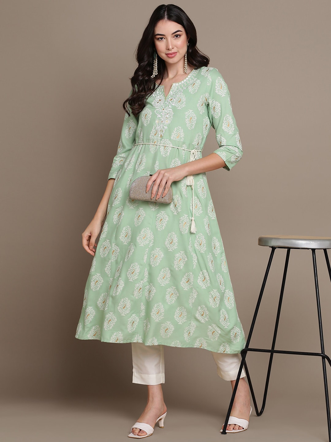 HERE&NOW Embroidered Ethnic Motif Printed Notched Neck A-Line Kurta - Distacart