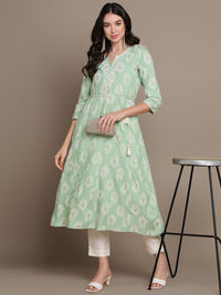 Thumbnail for HERE&NOW Embroidered Ethnic Motif Printed Notched Neck A-Line Kurta - Distacart